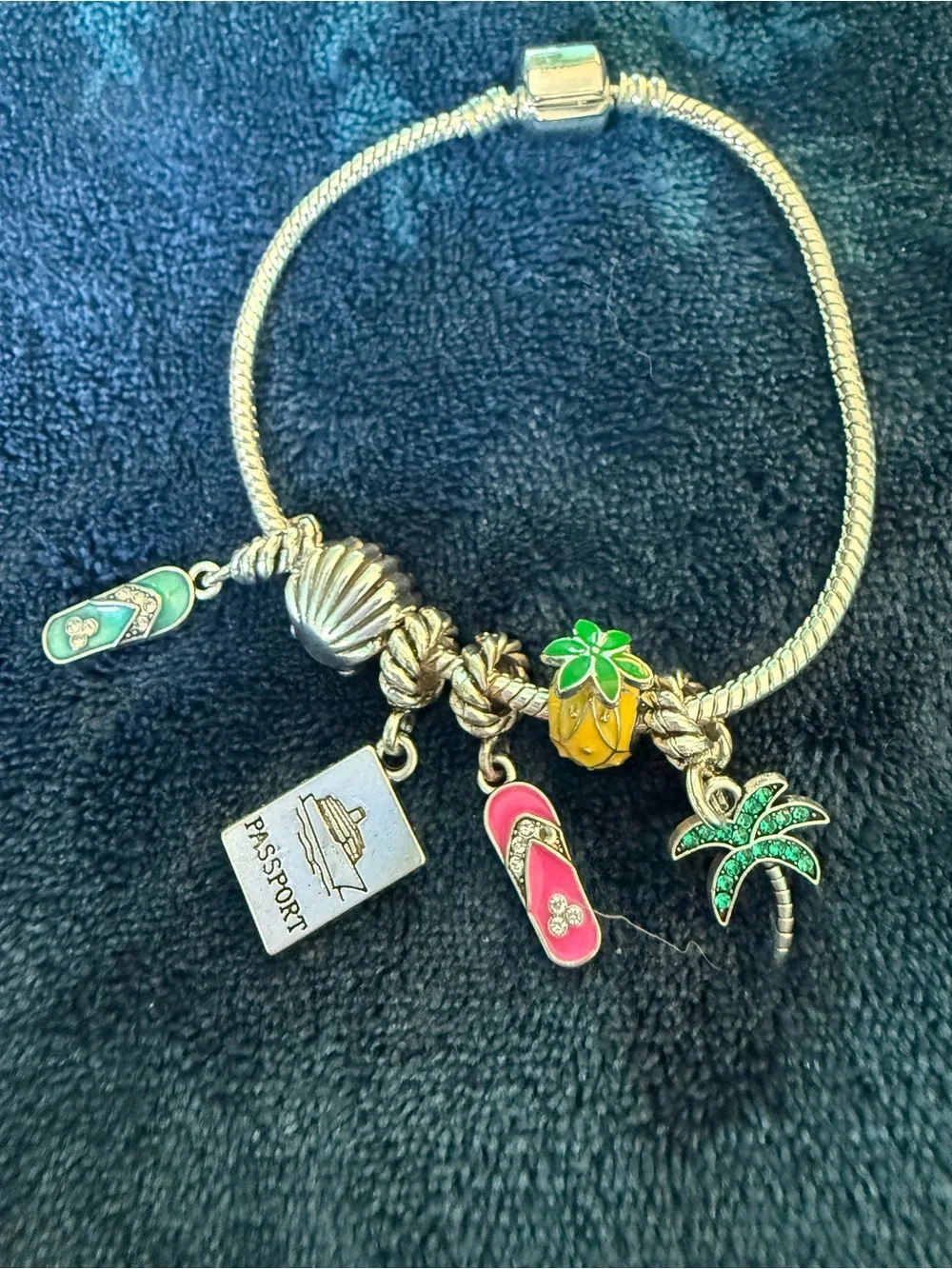 Silver-Tone Charm Bracelet with Tropical Travel Charms - Pink, Green, Yellow